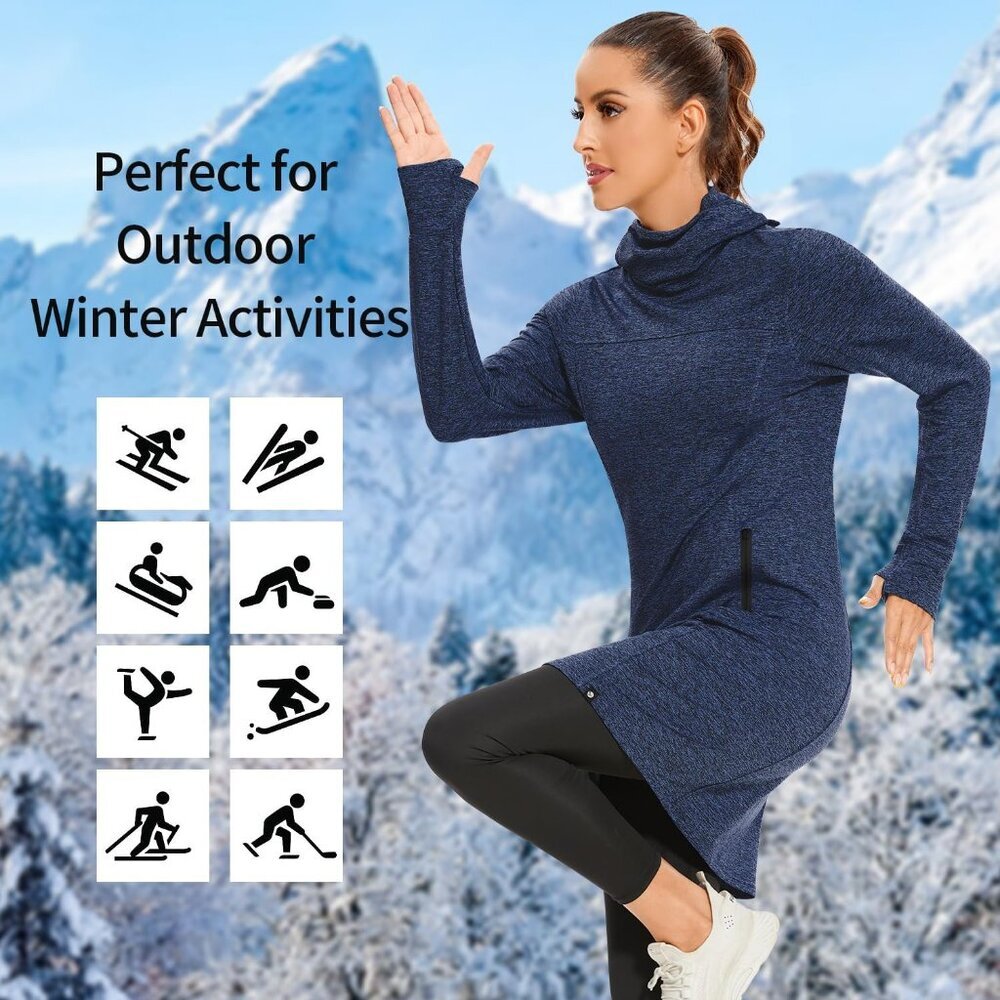 Women's Fleece Dress Running Sweatshirt Dress with Thumb Holes Pocket Zip-Blue - Picture 5 of 6